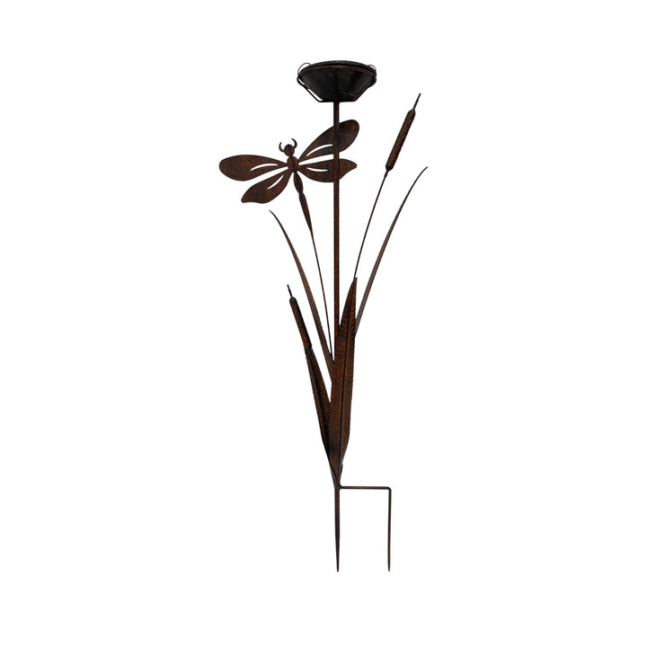 Willow &amp; Silk Bulrush &amp; Dragonfly Garden Stake W/Birdfeeder 43x13x89cm