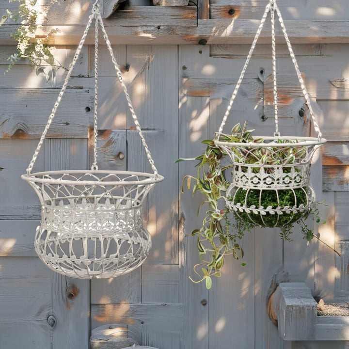 Willow &amp; Silk Antique White Outdoor Hanging Baskets Set of 2