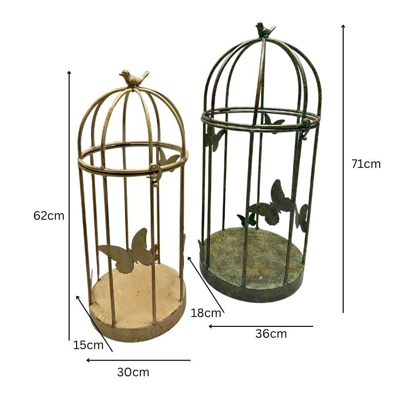 Willow &amp; Silk Set/2 Nested Distressed Finish Plant Cages w/Butterflies 36x36x79cm/30x30x69cm