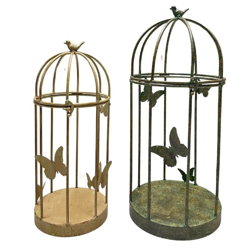 Willow &amp; Silk Set/2 Nested Distressed Finish Plant Cages w/Butterflies 36x36x79cm/30x30x69cm