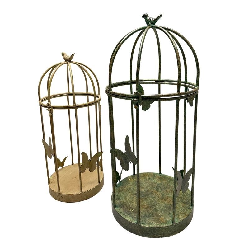 Willow &amp; Silk Set/2 Nested Distressed Finish Plant Cages w/Butterflies 36x36x79cm/30x30x69cm