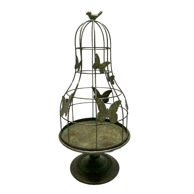 Willow &amp; Silk Distressed Green Footed Cloche w/Butterflies 30x30x67cm