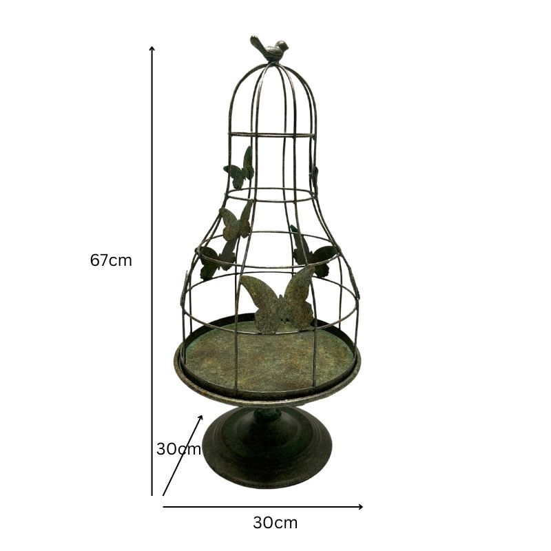 Willow &amp; Silk Distressed Green Footed Cloche w/Butterflies 30x30x67cm