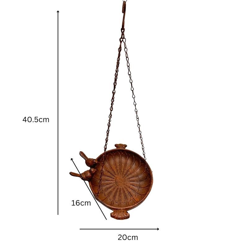 Willow &amp; Silk Hanging Cast-Iron Rust Birdfeeder w/2 Birds 25.5x20x41cm