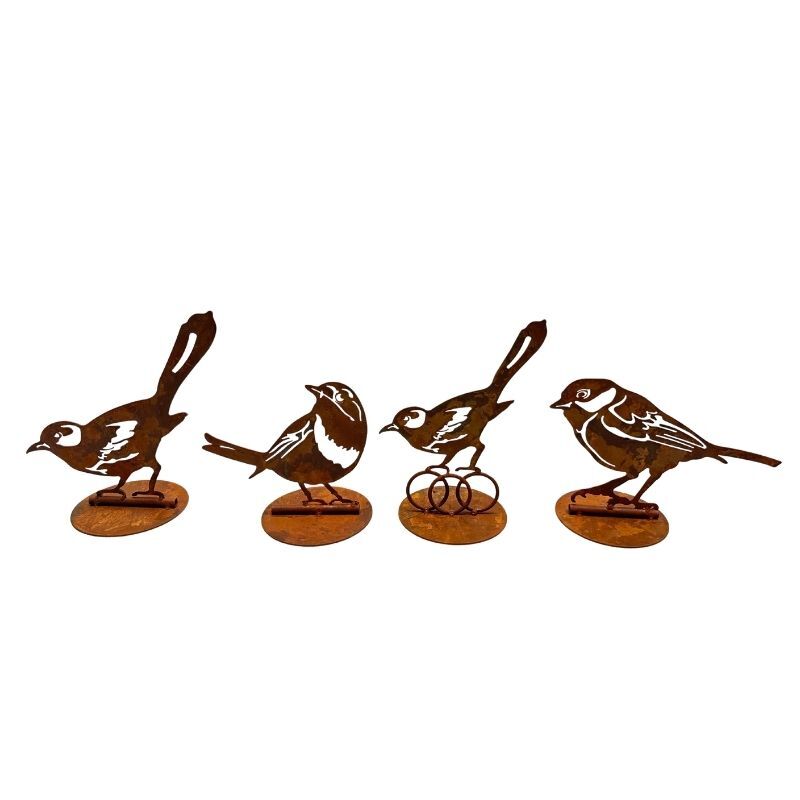 Willow &amp; Silk Set/4 Asst Rust Laser Cut Birds On Base 10x19x19cm
