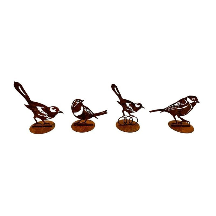 Willow &amp; Silk Set/4 Asst Rust Laser Cut Birds On Base 10x19x19cm