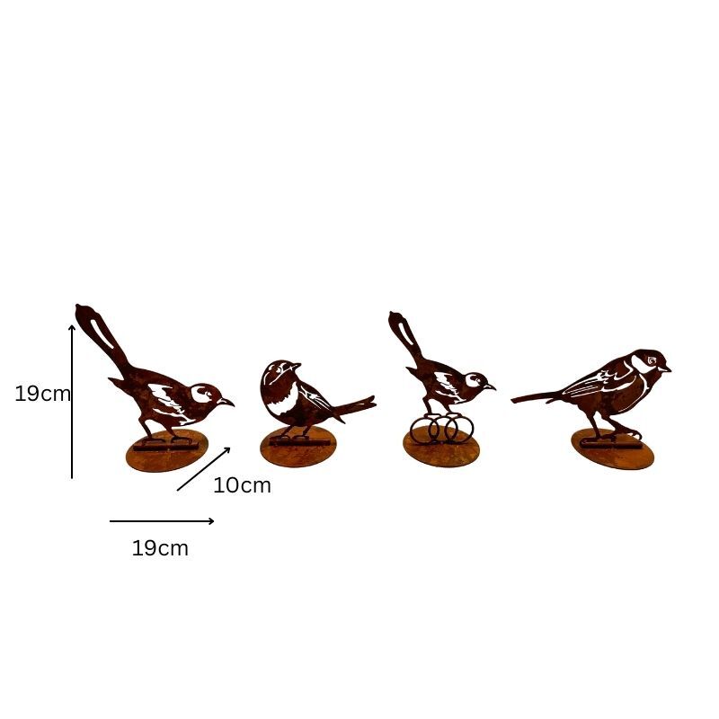 Willow &amp; Silk Set/4 Asst Rust Laser Cut Birds On Base 10x19x19cm