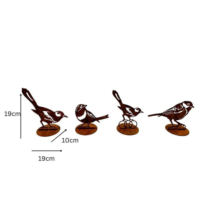 Willow &amp; Silk Set/4 Asst Rust Laser Cut Birds On Base 10x19x19cm