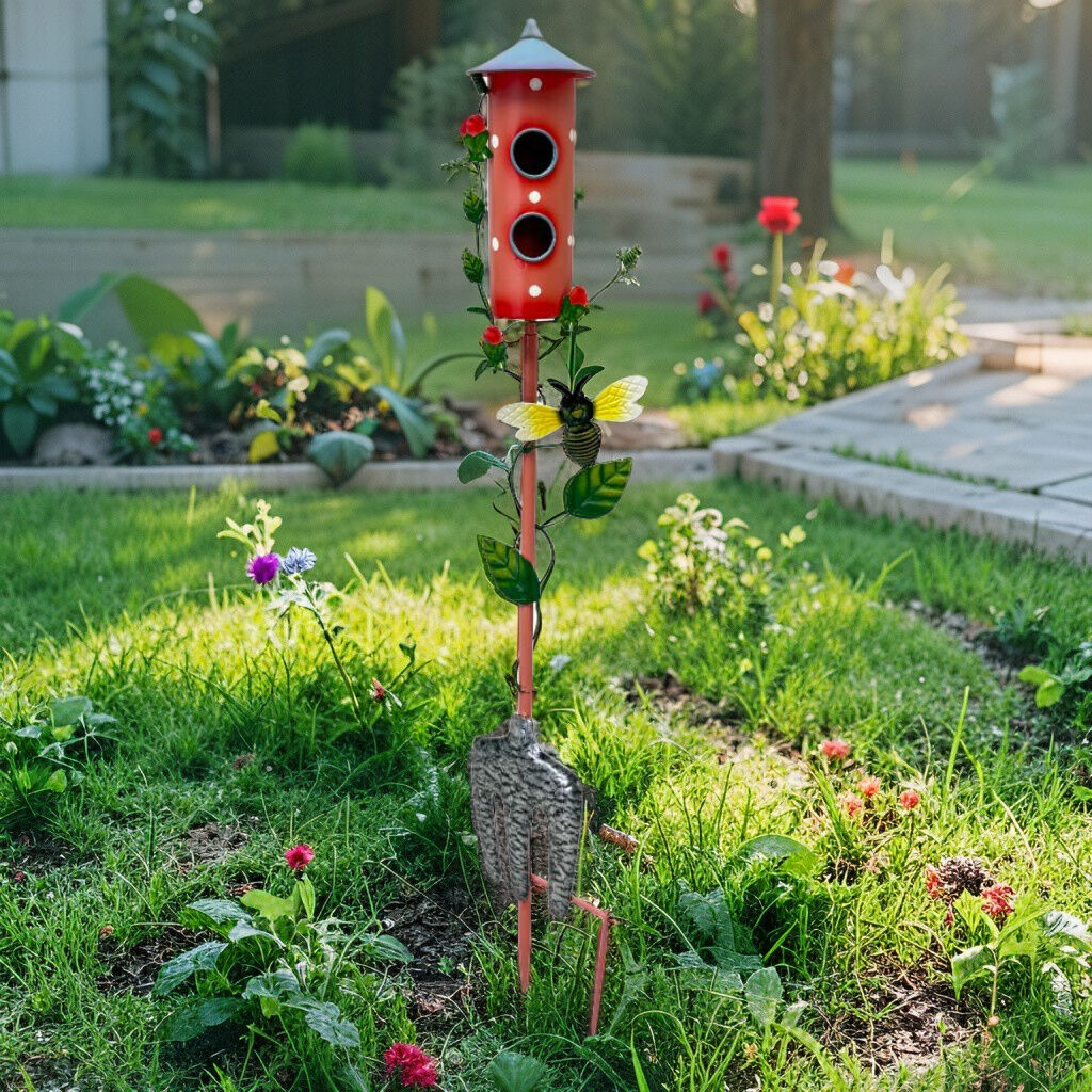 Willow &amp; Silk Colourful Birdhouse Stake w/GardenFork 17x10x91cm