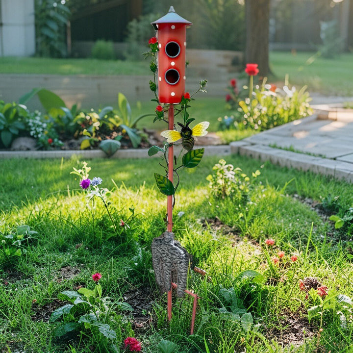 Willow &amp; Silk Colourful Birdhouse Stake w/GardenFork 17x10x91cm