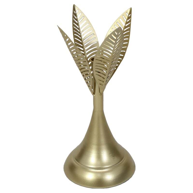 Willow &amp; Silk Metal 32cm Golden Leaves Taper Candle Holder