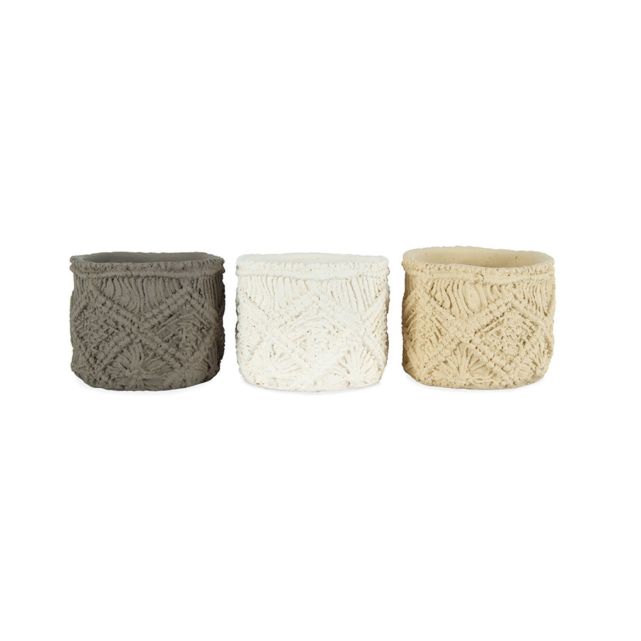 Willow &amp; Silk Cement 12cm Set of 3 Macrame Indoor/Garden Pot/Planters