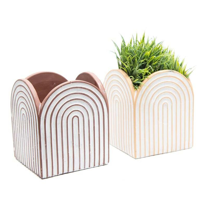 Willow &amp; Silk Set of 2 White Arch Square 17cm Cement Pot/Planters