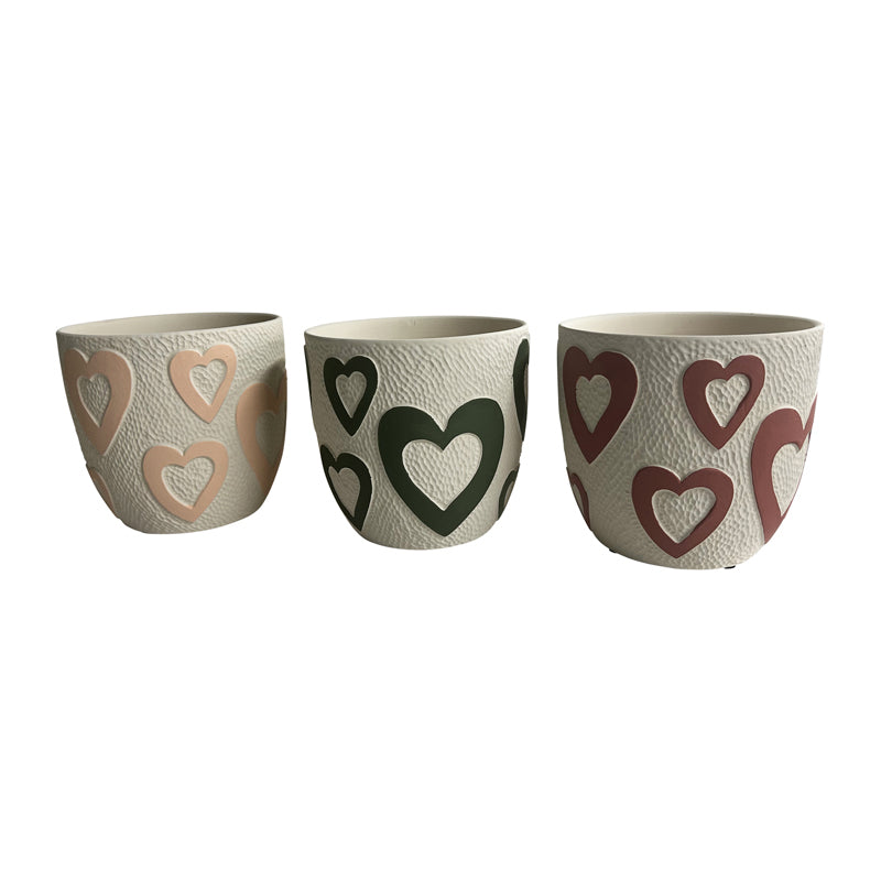 Willow &amp; Silk 13.5cm Set of 3 Assorted Colour Heart Garden Pot Planters