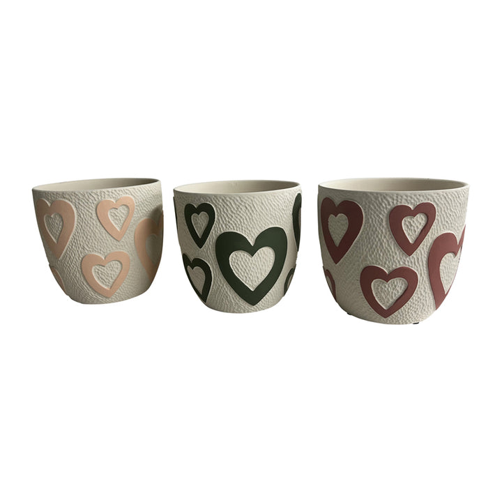Willow &amp; Silk 13.5cm Set of 3 Assorted Colour Heart Garden Pot Planters