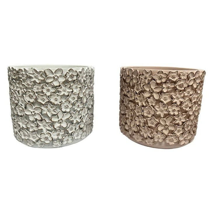 Willow &amp; Silk Set/2 Asst Flower Embossed Planters w/Hole+Plug 18x18x16cm