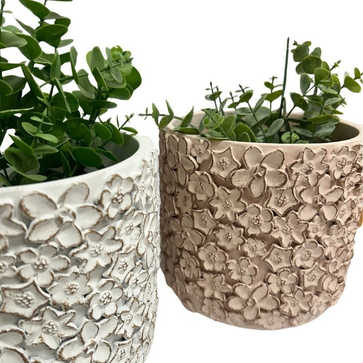 Willow &amp; Silk Set/2 Asst Flower Embossed Planters w/Hole+Plug 18x18x16cm