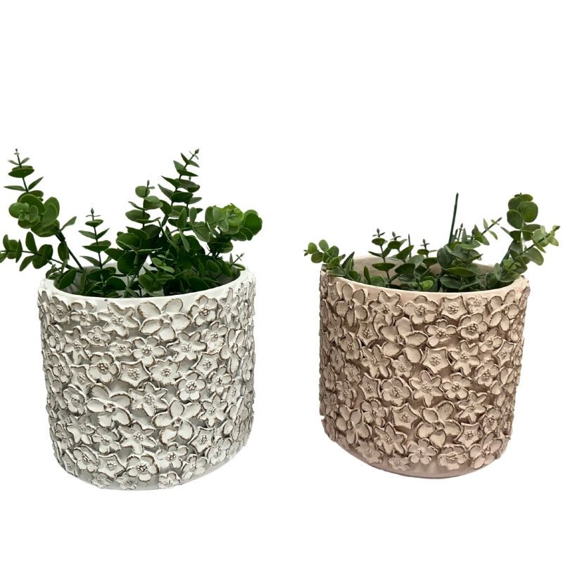 Willow &amp; Silk Set/2 Asst Flower Embossed Planters w/Hole+Plug 18x18x16cm