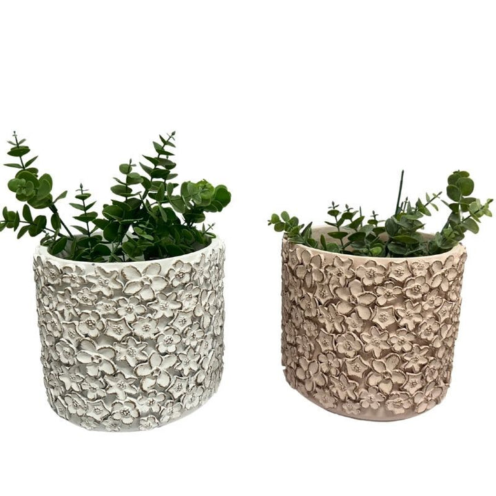 Willow &amp; Silk Set/2 Asst Flower Embossed Planters w/Hole+Plug 18x18x16cm