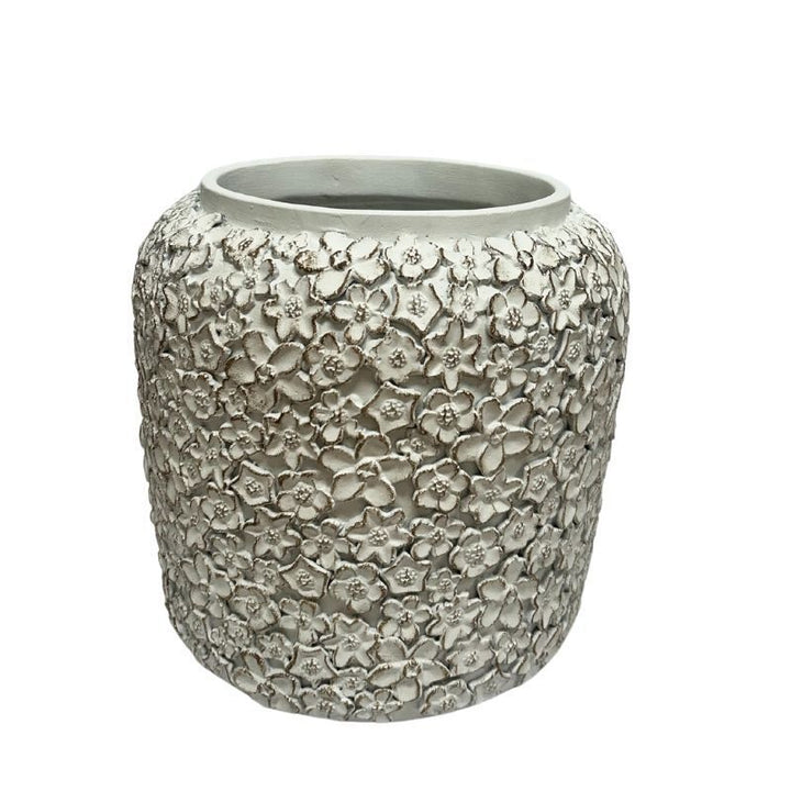 Willow &amp; Silk White Flower Embossed Planter w/Hole+Plug 25x25x24cm