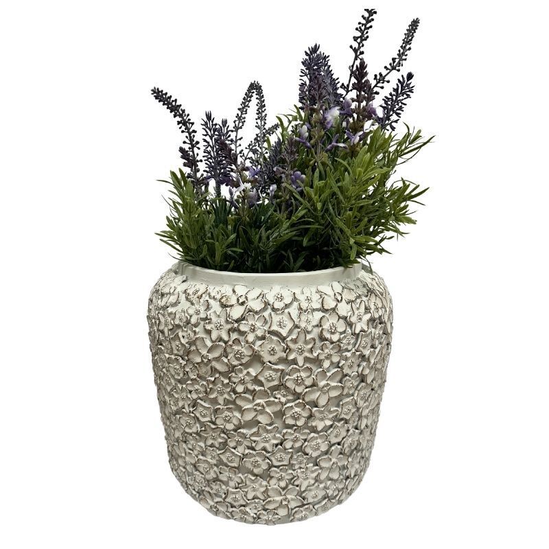 Willow &amp; Silk White Flower Embossed Planter w/Hole+Plug 25x25x24cm