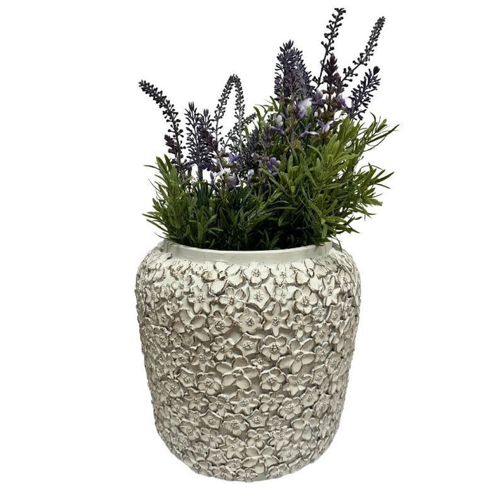 Willow &amp; Silk White Flower Embossed Planter w/Hole+Plug 25x25x24cm