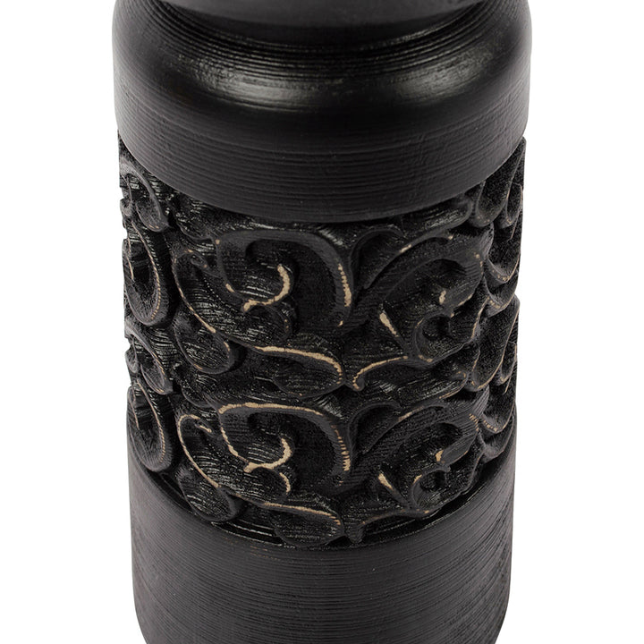 Willow &amp; Silk Vintage 23.5cm Black Wooden Carved Pillar Candle Holder
