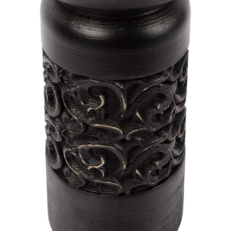 Willow &amp; Silk Vintage 23.5cm Black Wooden Carved Pillar Candle Holder