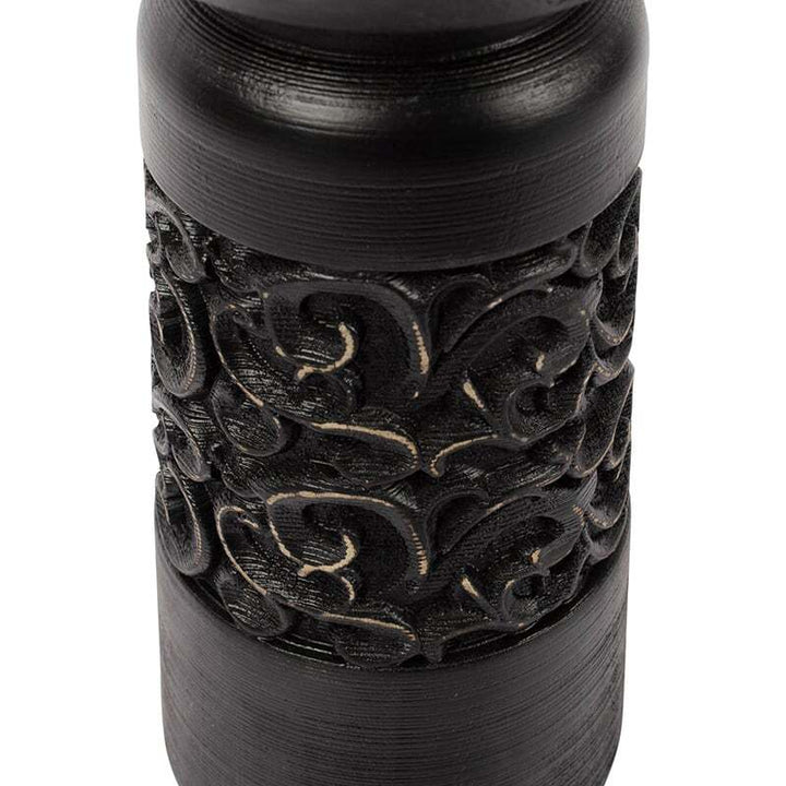 Willow &amp; Silk Vintage 23.5cm Black Wooden Carved Pillar Candle Holder