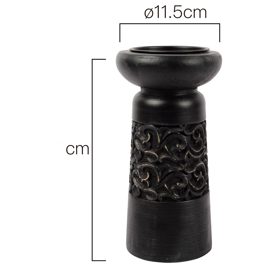 Willow &amp; Silk Vintage 23.5cm Black Wooden Carved Pillar Candle Holder