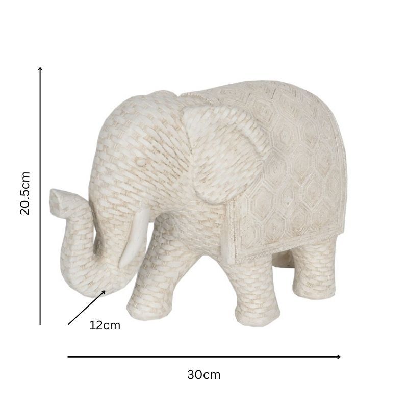 Willow &amp; Silk Decorative Elephant Ornament Dad Woven Look 30cm Off-White