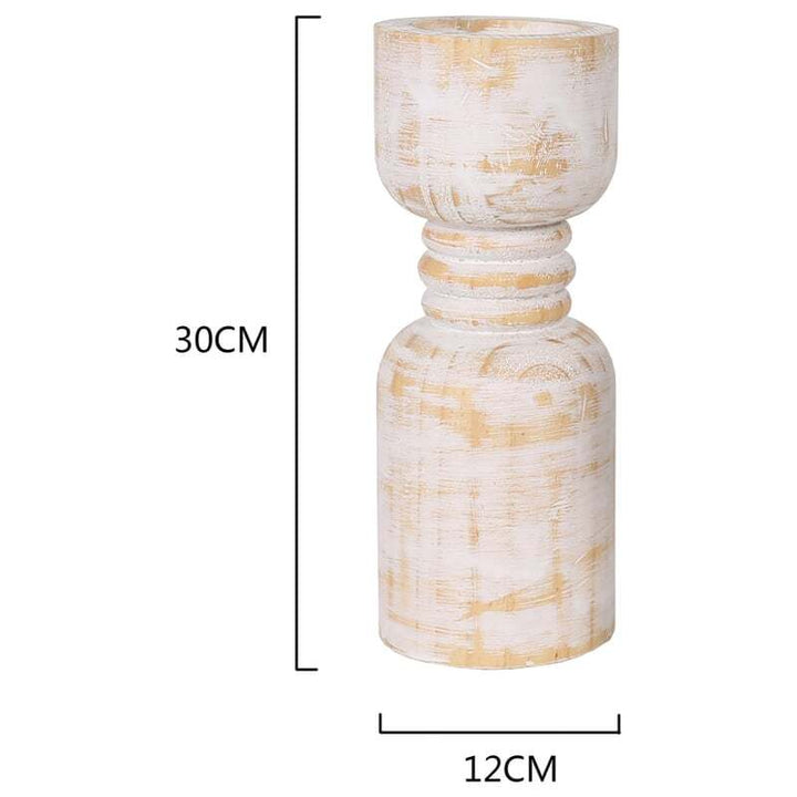 Willow &amp; Silk Handmade Wooden 30cm Carved Whitewash Pillar Candle Holder