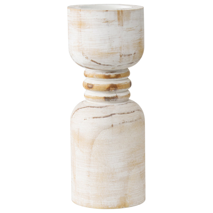 Willow &amp; Silk Handmade Wooden 30cm Carved Whitewash Pillar Candle Holder