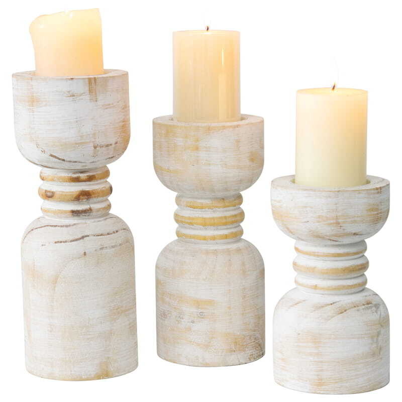 Willow &amp; Silk Handmade Wooden 30cm Carved Whitewash Pillar Candle Holder