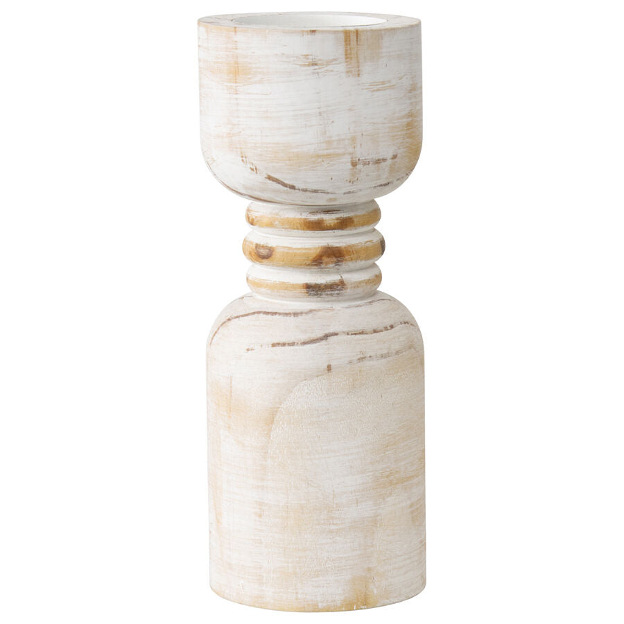 Willow &amp; Silk Handmade Wooden 30cm Carved Whitewash Pillar Candle Holder