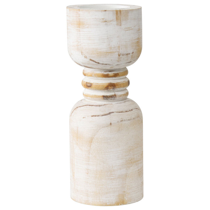 Willow &amp; Silk Handmade Wooden 30cm Carved Whitewash Pillar Candle Holder