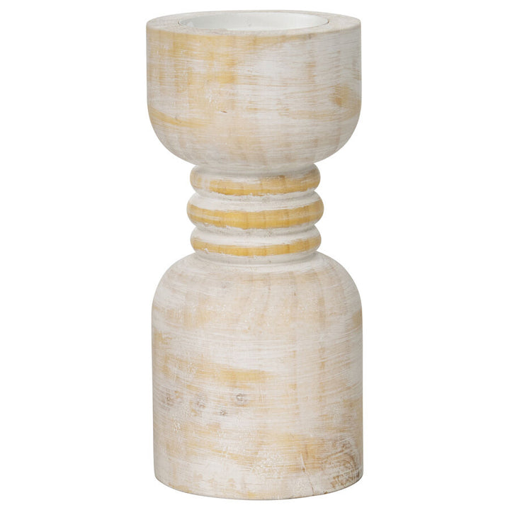 Willow &amp; Silk Handmade Wooden 25cm Carved Whitewash Pillar Candle Holder