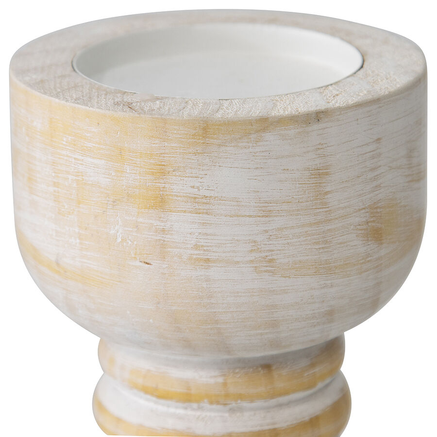 Willow &amp; Silk Handmade Wooden 25cm Carved Whitewash Pillar Candle Holder