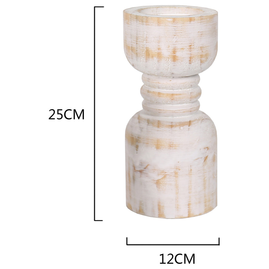 Willow &amp; Silk Handmade Wooden 25cm Carved Whitewash Pillar Candle Holder