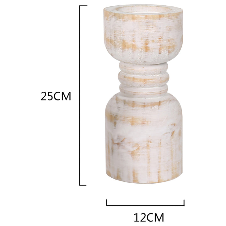 Willow &amp; Silk Handmade Wooden 25cm Carved Whitewash Pillar Candle Holder