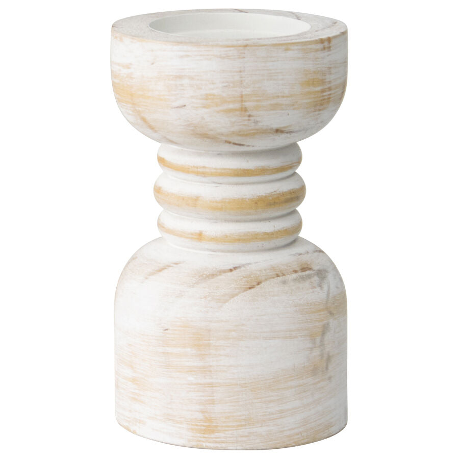 Willow &amp; Silk Handmade Wooden 20cm Carved Whitewash Pillar Candle Holder