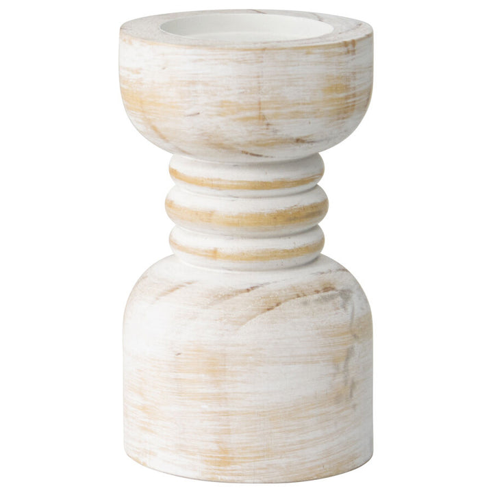 Willow &amp; Silk Handmade Wooden 20cm Carved Whitewash Pillar Candle Holder