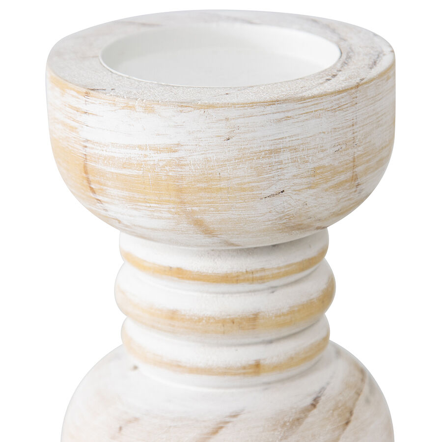 Willow &amp; Silk Handmade Wooden 20cm Carved Whitewash Pillar Candle Holder