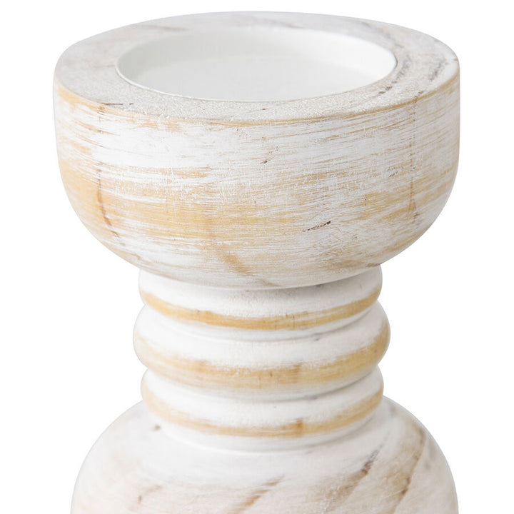 Willow &amp; Silk Handmade Wooden 20cm Carved Whitewash Pillar Candle Holder