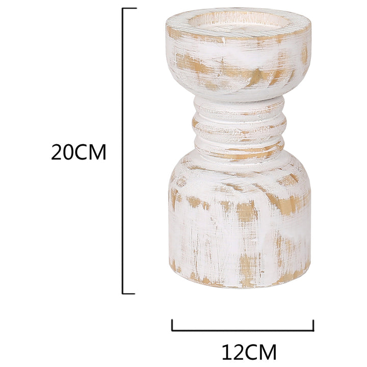 Willow &amp; Silk Handmade Wooden 20cm Carved Whitewash Pillar Candle Holder