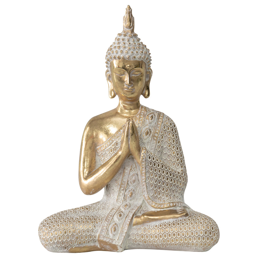Willow &amp; Silk Decorative Sculpture Seated Praying Buddha - Gold / White 28cm