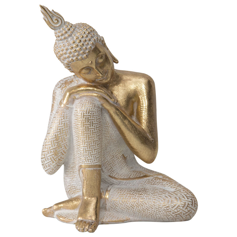 Willow &amp; Silk Buddha Figurine Resin Seated Serenity 21cm Gold/White