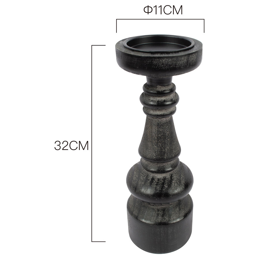Willow &amp; Silk Black Wooden 32cm Pillar Candle Holder