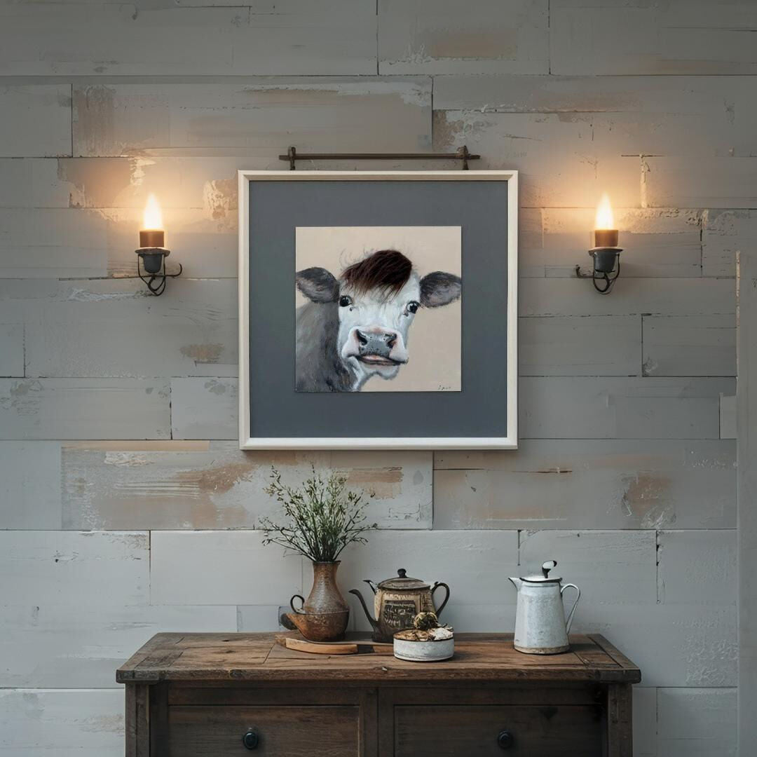 Willow &amp; Silk Curious Cow with Artificial Hair Framed Canvas Wall Art 60x60cm