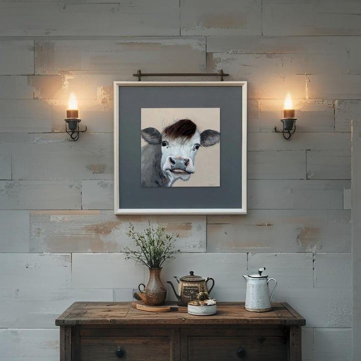 Willow &amp; Silk Curious Cow with Artificial Hair Framed Canvas Wall Art 60x60cm